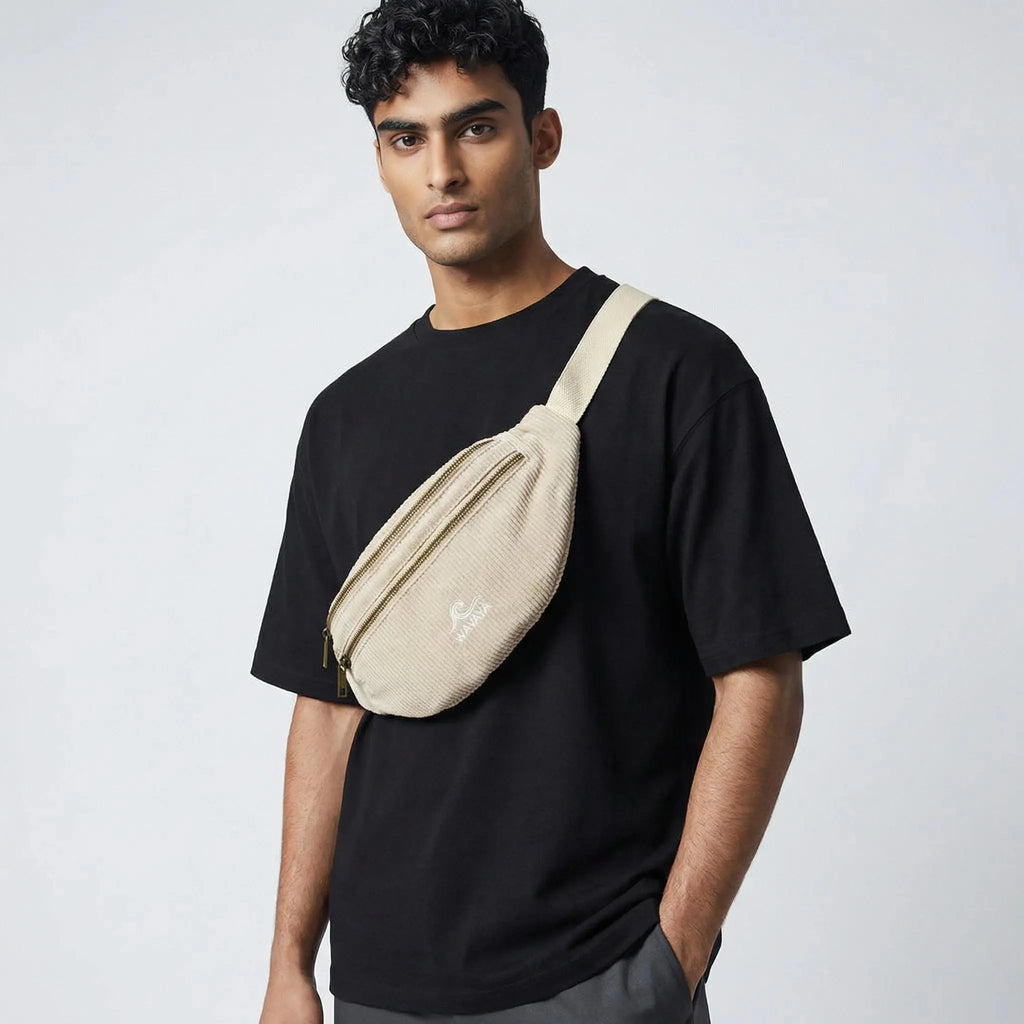 Sac banane velours côtelé Essential Beige - création textile durable - Mycobloom